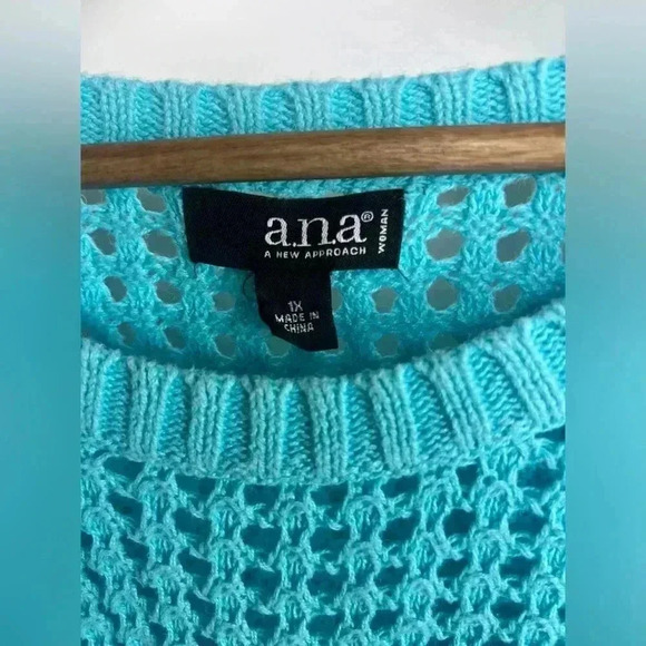 a.n.a A New Approach Women's 1X Blue Open Knit Long Sleeve Scoop Neck Sweater - Picture 3 of 11